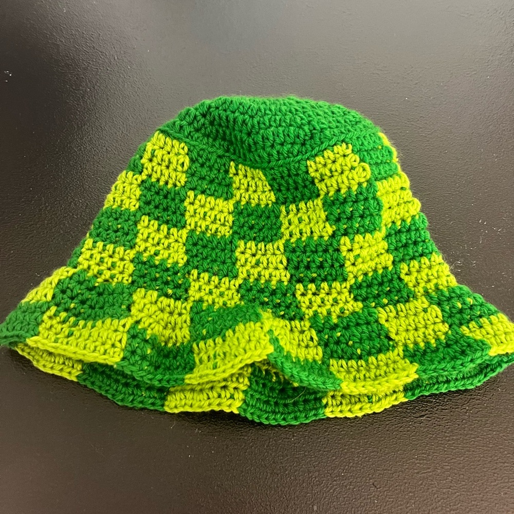 Handmade Crochet Checkerboard Bucket Hat - Green & Yellow